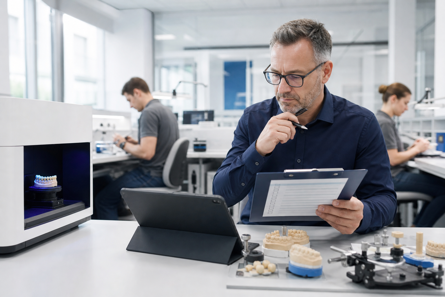 Zahntechniker prüft eine Checkliste zur Softwareauswahl neben einem modernen 3D-Scanner