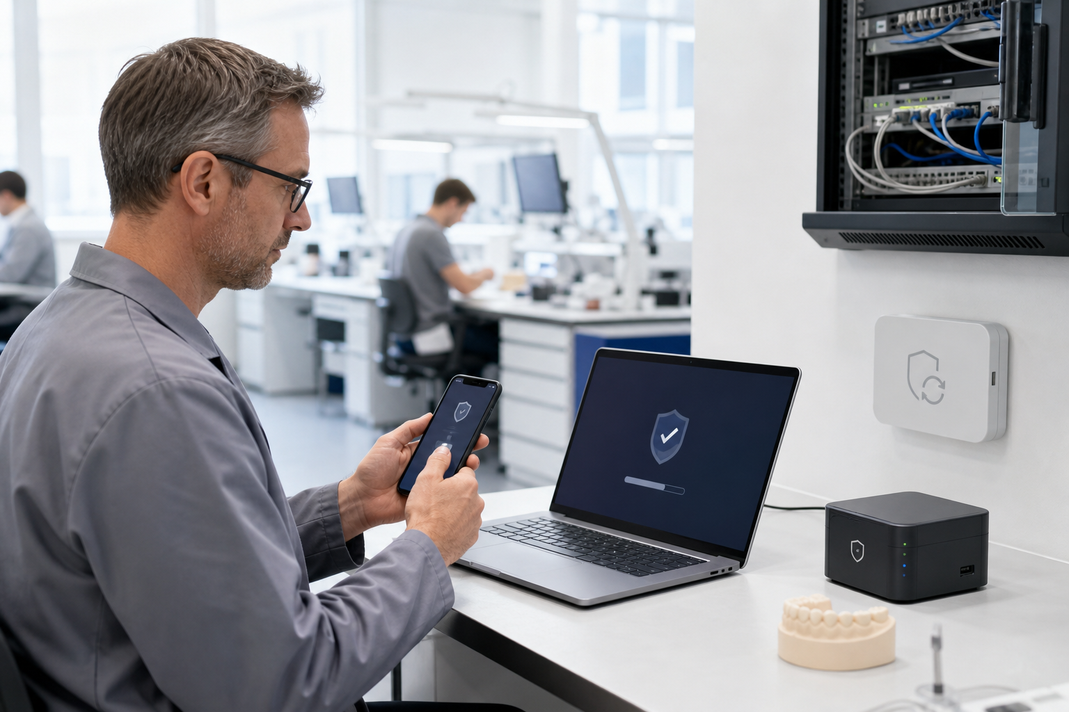 Symbolische Darstellung von IT-Sicherheitsmaßnahmen wie Zugriffsrechten, Zwei-Faktor-Anmeldung und Backup im Laborumfeld