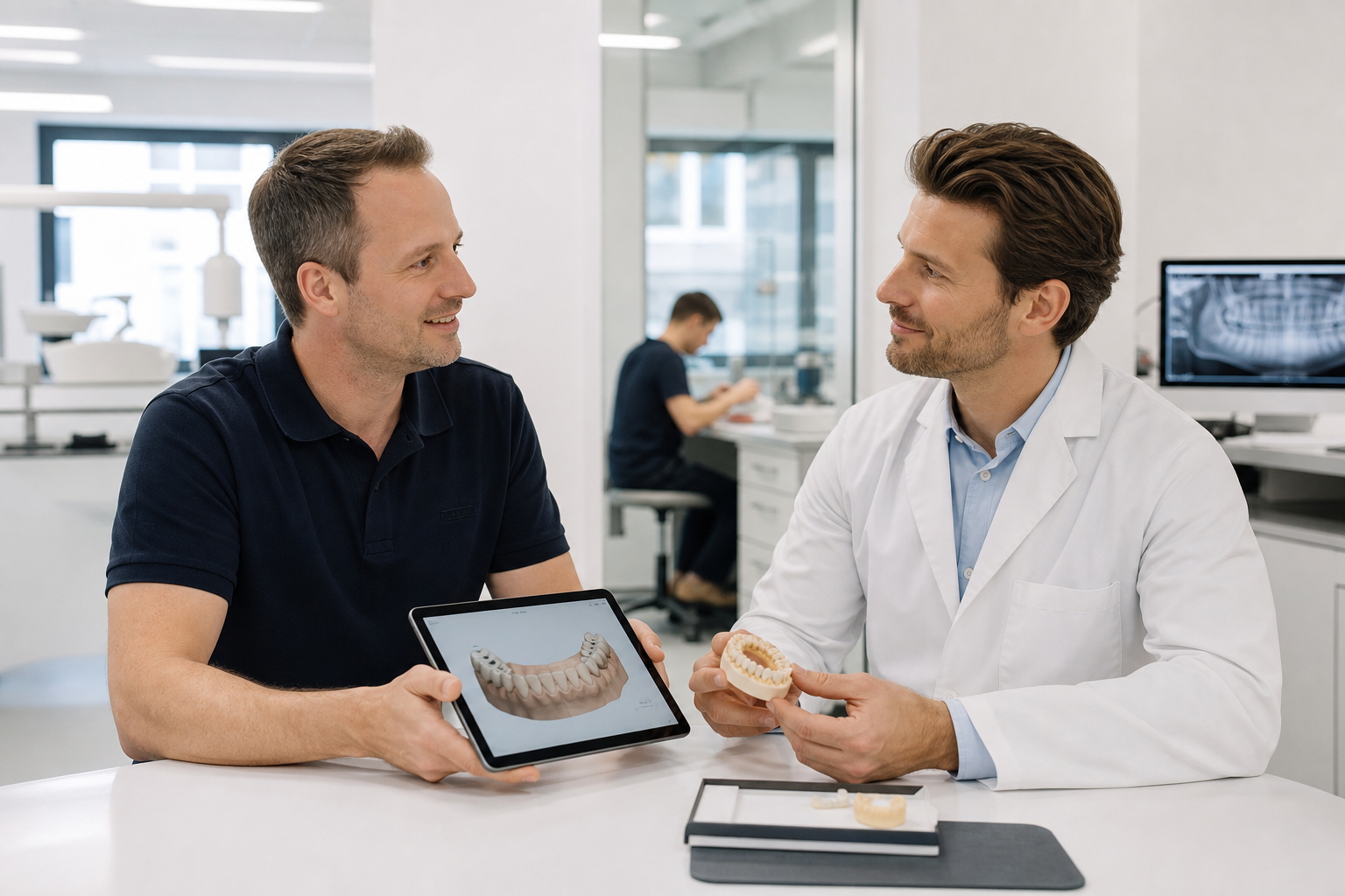 Laborleiterin und Zahnarztpraxis kommunizieren über eine digitale Plattform