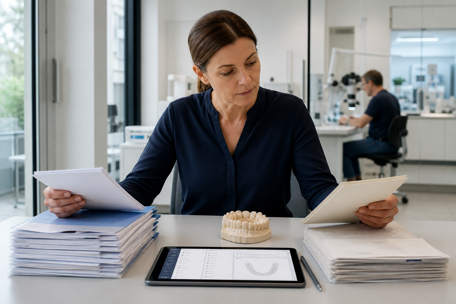 Laborschreibtisch mit Auftragsunterlagen und Verzeichnissen zur Leistungseinordnung