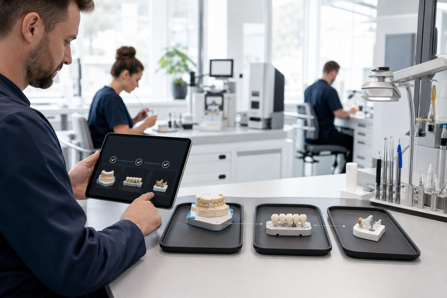 Zahntechnikerin dokumentiert Arbeitsschritte an einem Laborarbeitsplatz