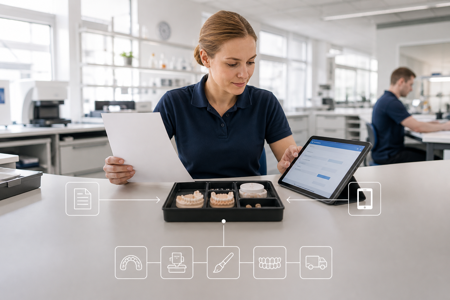 Zahntechnikerin vergleicht einen Papier-Auftragsschein mit dem digitalen Auftrag auf einem Tablet