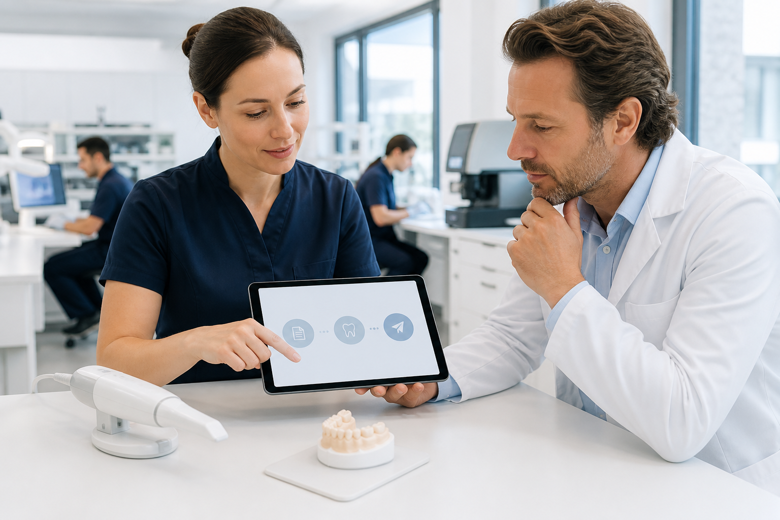 Zahntechnikerin zeigt einem Behandler die Prozessschritte eines digitalen Laborauftrags auf einem Tablet