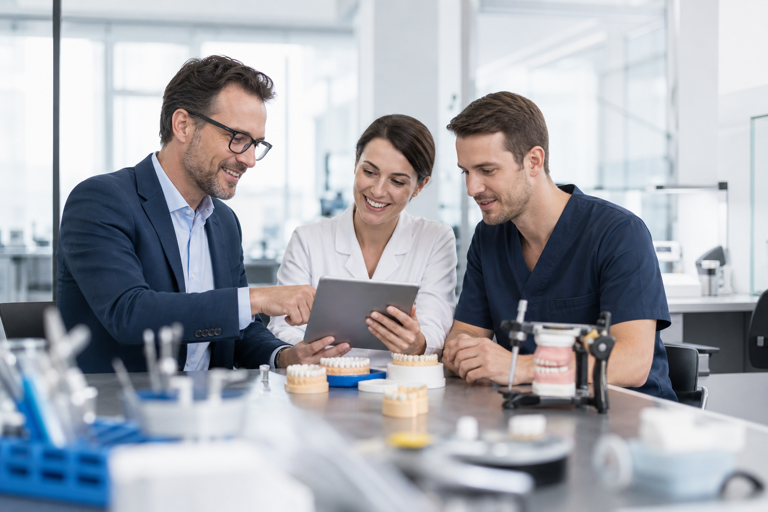 Laborinhaber und Zahnärztin besprechen am Tablet die digitale Anbindung der Praxis