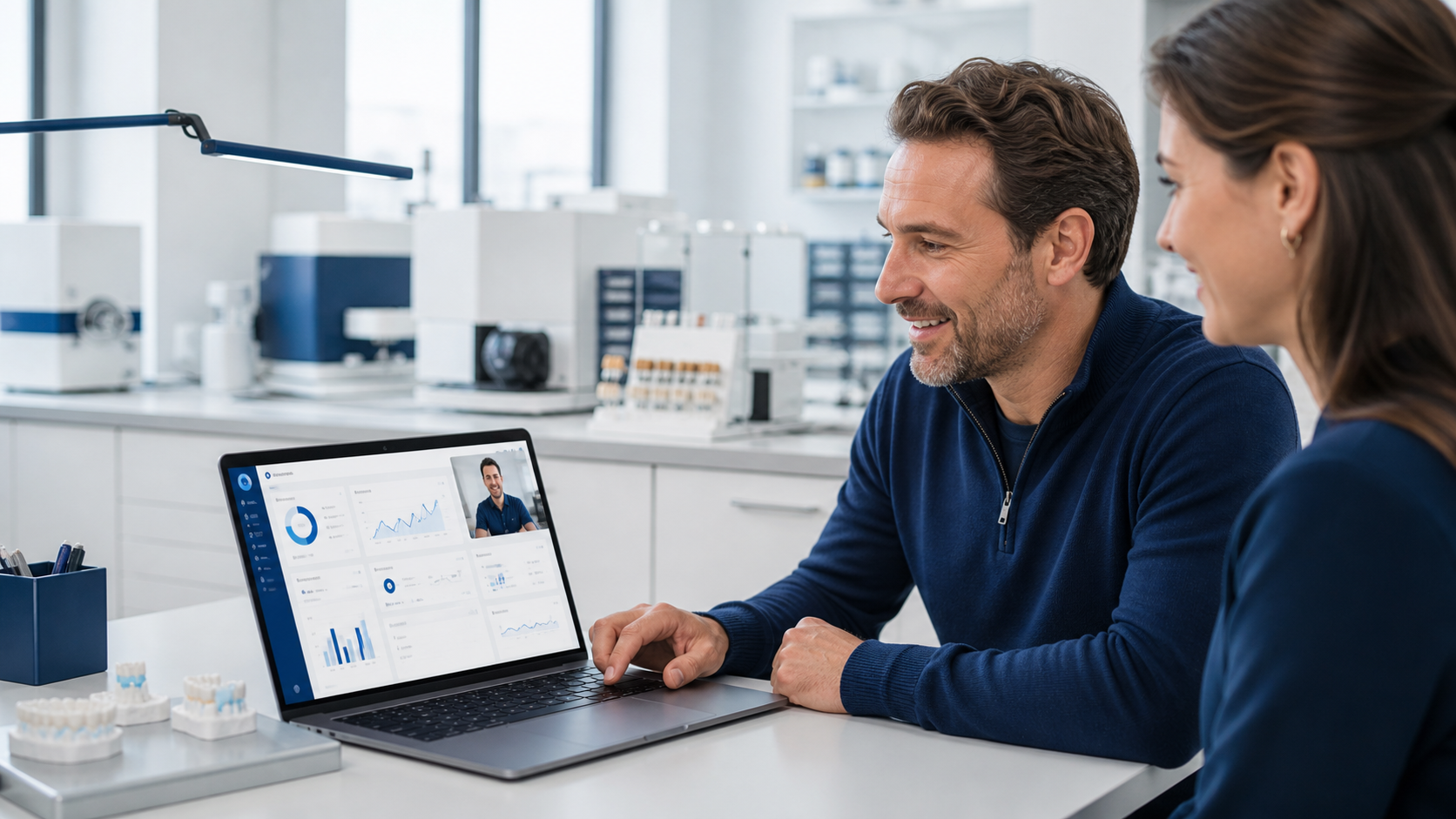 Laborinhaber und Kollegin lernen DigitalDent in einer persönlichen Online-Demo kennen