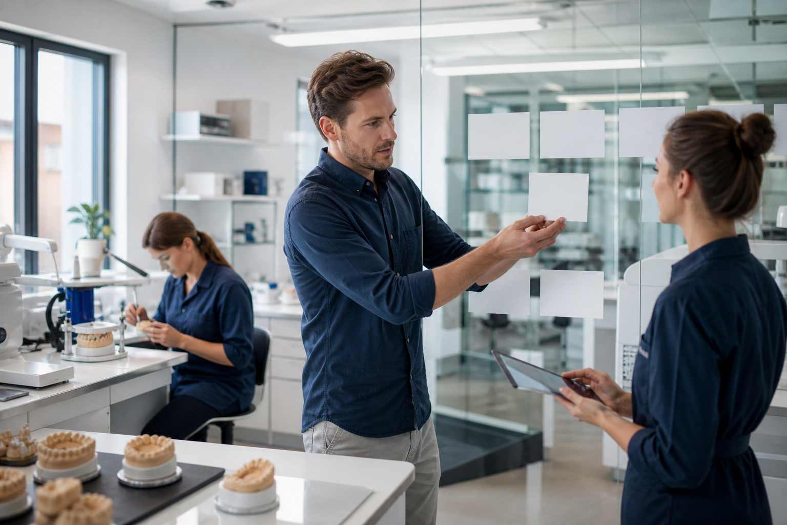 Laborleiter plant an einer Glaswand die digitalen Workflow-Schritte eines neu gegründeten Labors