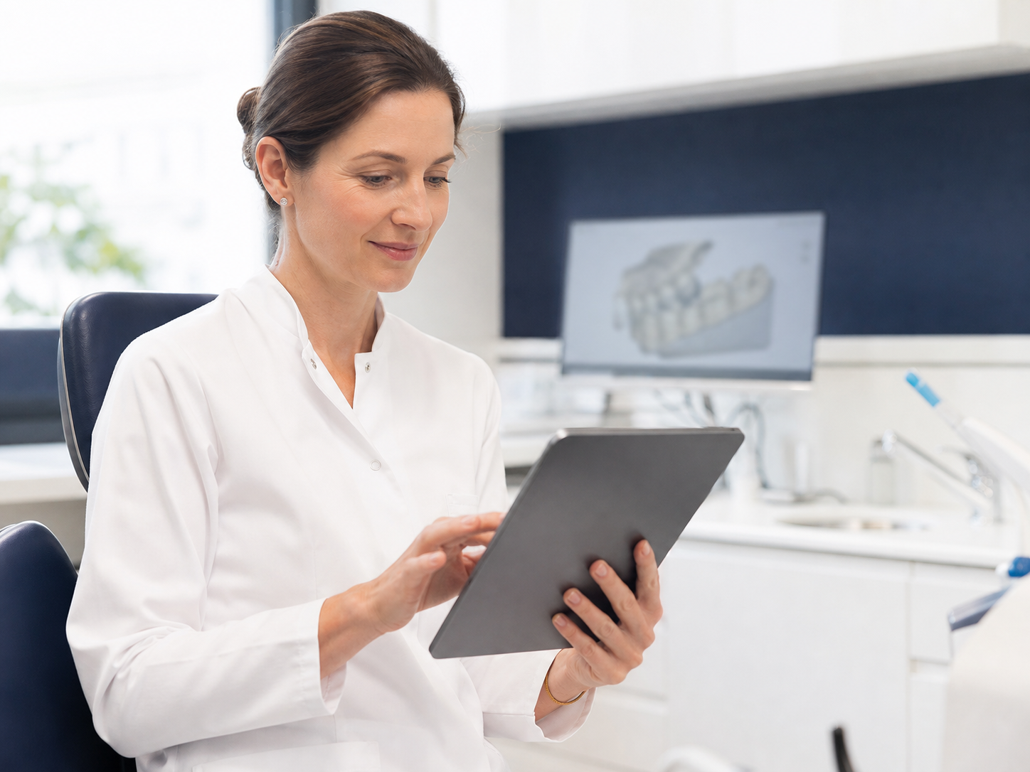 Zahnärztin arbeitet in der Praxis mit einem Tablet