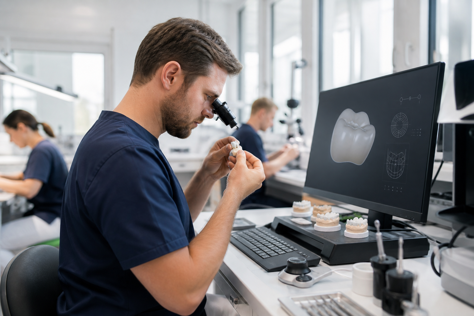 Mitarbeiterin im Dentallabor arbeitet mit einer KI-gestützten Softwareoberfläche