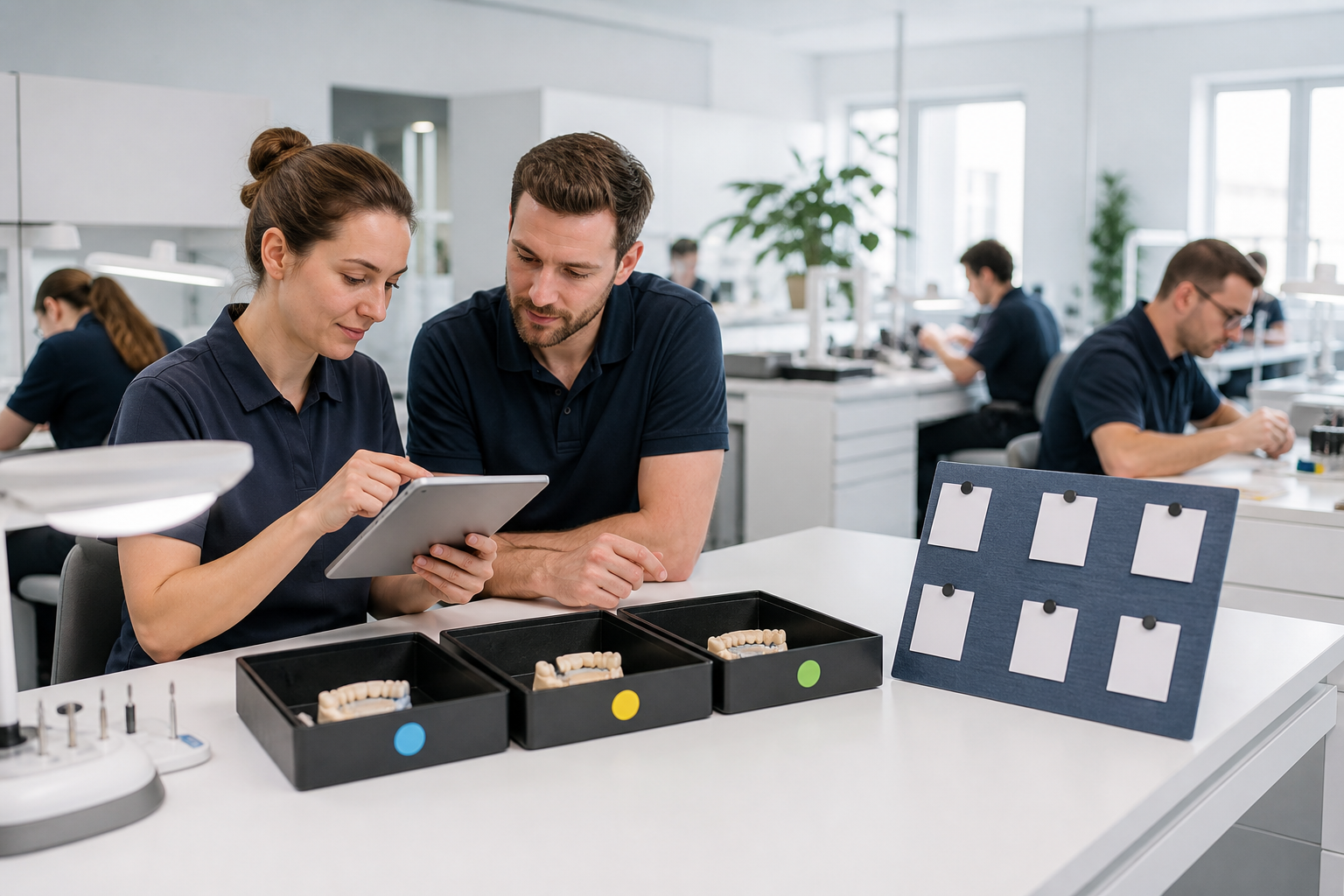 Laborteam bespricht anhand von Tablet-Daten die Einführung neuer digitaler Abläufe